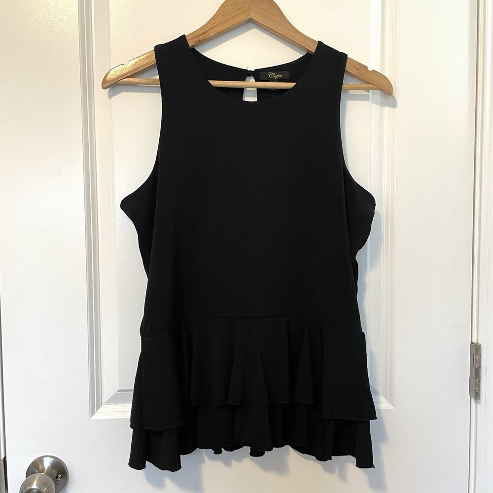 Cupio Black Ruffle Hem Shoulder Blouse Top Women’s Large Minimalist Office Paris